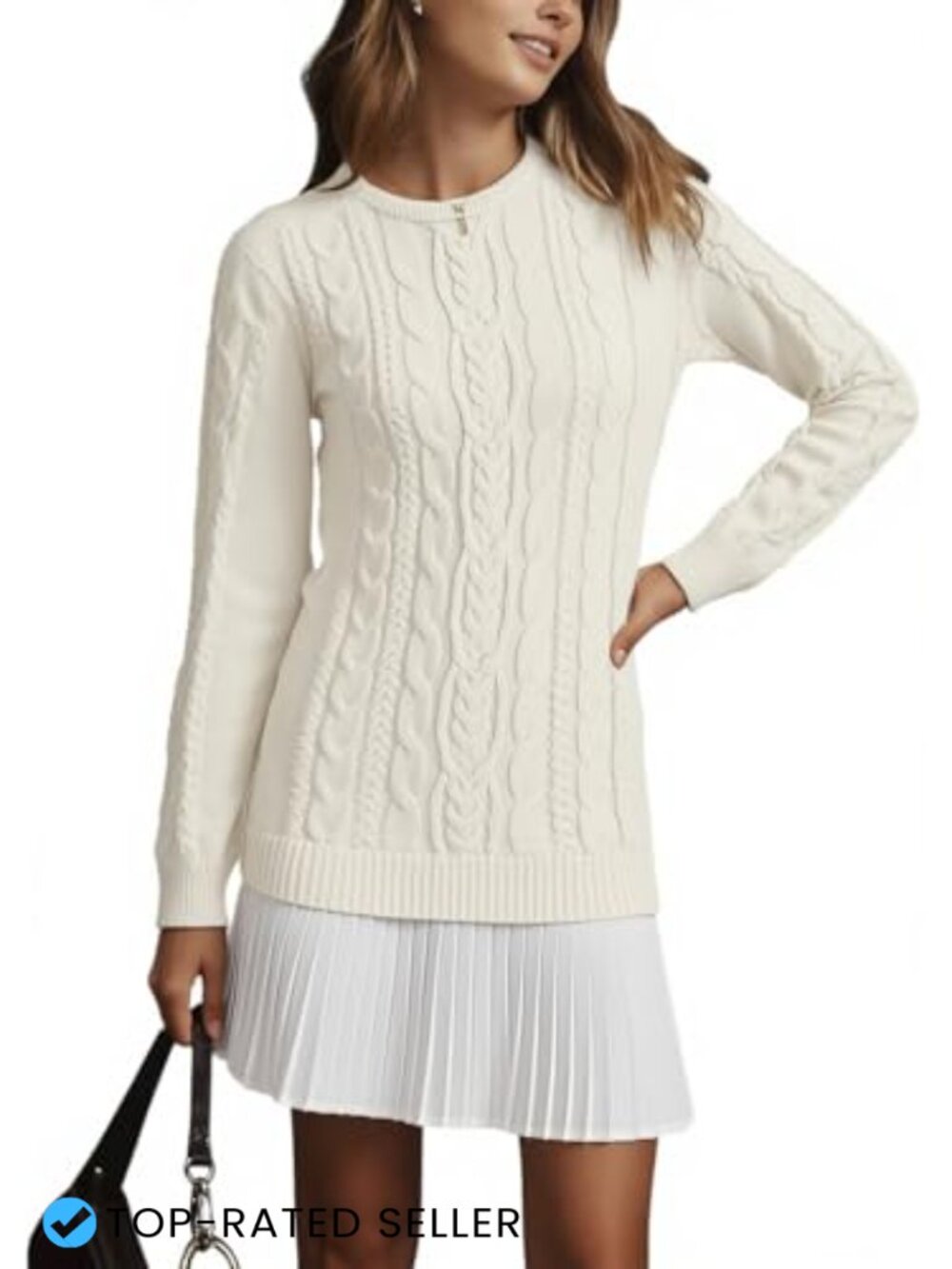 Angashion Womens Cable Knit Sweater Dress Patchwork Pleated Fall Mini Dress